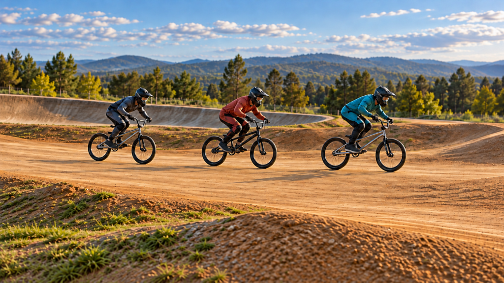 Tres ciclistas adultos con cascos integrales recorren una recta de tierra de una pista de BMX Racing.