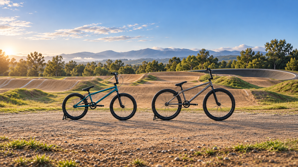 Dos bicicletas de BMX Racing de tamaños de rueda distintos, apoyadas en soportes junto a una pista.