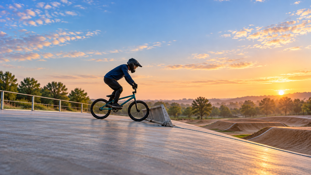 Un ciclista adulto con casco integral espera sobre su bicicleta de BMX junto a una puerta de salida elevada.