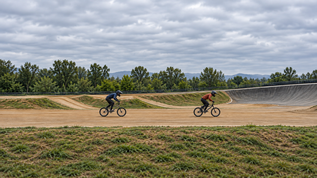Dos ciclistas adultos de BMX Racing separados en una recta de tierra, con un peralte al fondo.