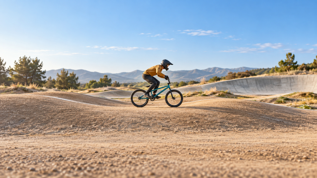 Ciclista adulto con casco integral sobre una bicicleta BMX en una zona de ondulaciones suaves.